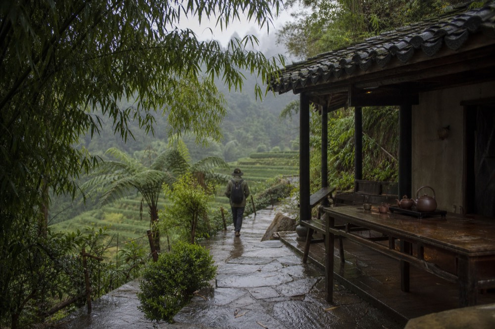 Tea houses and walking paths near Maokong Station at the top of the gondola, no text, no logos, no people