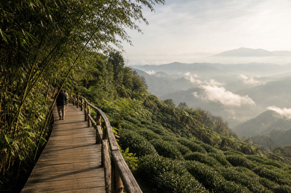 A timber boardwalk running along a green hillside above a valley, no text, no logos, no people