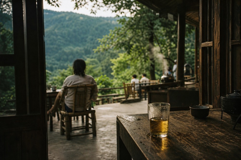 A teahouse terrace on the forested Maokong hillside above Taipei, no text, no logos, no people
