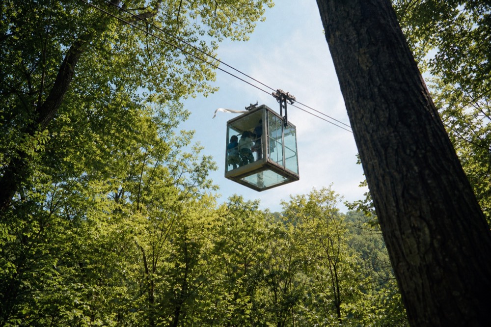 A glass-floor crystal gondola cabin moving above treetops, no text, no logos, no people